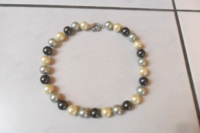 Perlen Muschelkernperlen Collier Kette Länge ca. 48 cm, gelb grün oliv, ca 12 mm - Bild 1 von 4