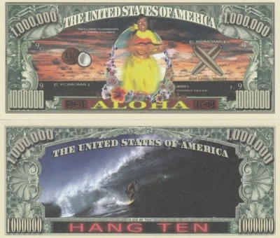 Aloha Hang Ten Surf Hawaii Million Dollar Bill Funny Money Novelty + FREE SLEEVE