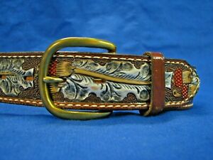 TONY LAMA Belt BROWN/SILVER/RED "Susan" LEATHER Gold Tone Hardware TOOLED 24/XS