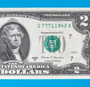 TRAILING YEAR 1942 (G 7771 1942 A) $2 Two Dollar Bill Serial Number 2017A *UNC* - Picture 1 of 4