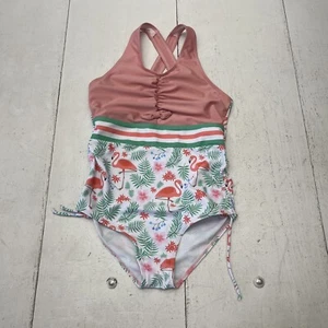 Pink & White Flamingo Print Cross-Back One-Piece Swimsuit Girls Size 13T NEW - Picture 1 of 5