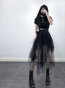 Gothic Black Mesh LongSkirt Multilayer Irregular Dark Aesthetic Fairy Midi Skirt - Picture 1 of 26