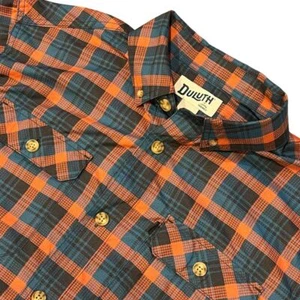 Duluth Trading Co Men's M Relaxed Fit Short Sleeve Button Down Blue Orange Plaid - Picture 1 of 11