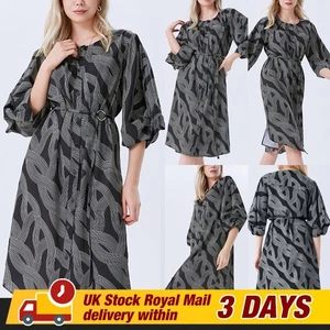 UK Women Floral Mini Dress Ladies 3/4 Sleeve OL Work Button Up Party Shift Dress - Picture 1 of 23