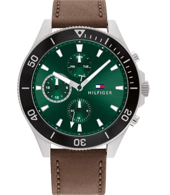 TOMMY HILFIGER 1791983 GREEN DIAL BROWN LEATHER STRAP 46MM MENS WATCH - Image 1 of 4