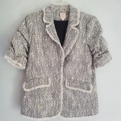 Cinq à Sept Blazer Womens 4 Black White Tweed Boucle Fringe Open Front Jacket - Image 1 of 4