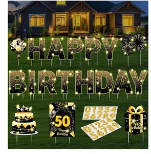 18 Stück Schwarz Gold Happy Birthday 14" Yard Schilder mit LED Lichter & Pfähle   - Bild 1 von 5