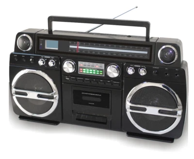 TECHPLAY MONSTER BLACK RETRO 80s BOOMBOX CD CASSETTE PLAYER AM/FM BLUETOOTH NEW - Image 1 of 4