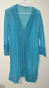 Blue Island Womens Boho Beach Top Size XL Blue 3/4 Sleeves Lace Details - Picture 1 of 16