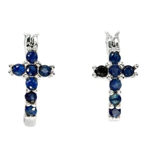 GENUINE AAA BLUE SAPPHIRE ROUND STERLING 925 SILVER CROSS DROP EARRING - Picture 1 of 6