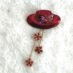 Gold Tone Red Enamel Rhinestone Hat Brooch/Pin Vintage w/ Dangling Flowers - Picture 1 of 6