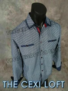 Mens Casual Dress Shirt Blue Red Accent Patterns Button Up ID By CAVIAR DREMES - Picture 1 of 4