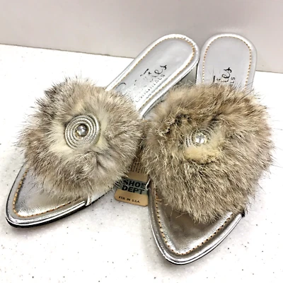 Красивые сексуальные будуар дом тапочки 7,5 Серебряный мех ретро Pin Up мулы каблука - Изображение 1 из 4