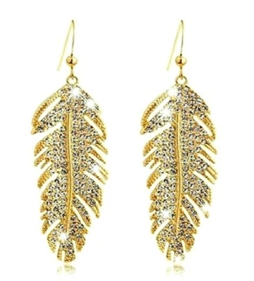 US Seller Betsey Johnson Crystal Feather Leaf Dangle Earring Gold Silver  - Image 1 of 4