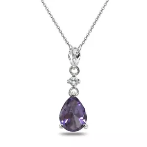 Teardrop Simulated Alexandrite & White Topaz Dangling 925 Silver Drop Necklace - Picture 1 of 3