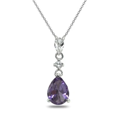Teardrop Simulated Alexandrite & White Topaz Dangling 925 Silver Drop Necklace - Image 1 of 3
