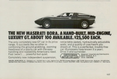 1973 Maserati Bora Hand Built Mid-Engine Luxury GT Car Limited VINTAGE PRINT AD - Image 1 of 2