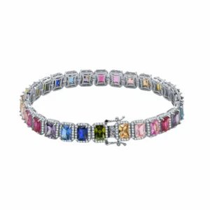 Bracciale solitario unisex colore arcobaleno tono oro bianco 18 carati diamanti simulati - Foto 1 di 4