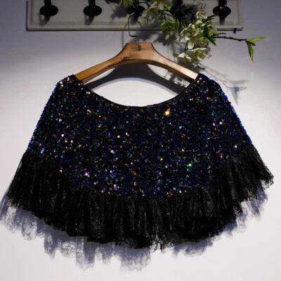 Mujeres Volantes Encaje Lentejuelas Poncho Capa Brillante Chal Encogerse de hombros Bolero Elegante Foto 1 de 4