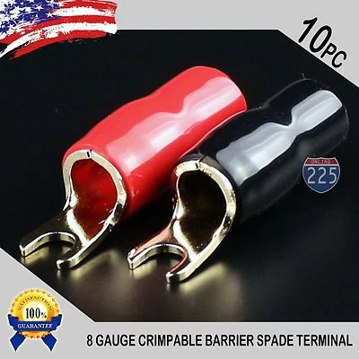 225FWY GOLD PLATED SPADE FORK 8AWG GAUGE TERMINAL BLACK RED 10 PCS INSULATED CONNECTOR