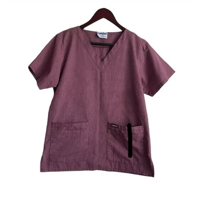 Landau Womens Scrub Top M Burgundy Check V-Neck 2 Pocket Medical Uniform Nurse - Image 1 of 4