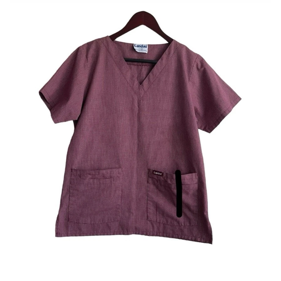 Landau Womens Scrub Top M Burgundy Check V-Neck 2 Pocket Medical Uniform Nurse - Image 1 of 4