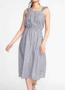 Old Navy Blue Stripe Smocked Maxi Dress Sleeveless Ruffle Strap Large NWT Beach - Picture 1 of 9