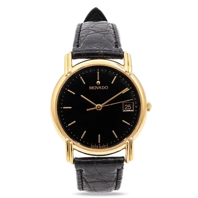 Reloj Movado Museum clásico para hombre esfera negra tono dorado cuero cuarzo suizo Foto 1 de 4