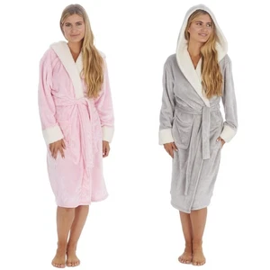 Ladies Shimmer Fleece Robe Contrast Dressing Gown With Hood Size 8-22 - Picture 1 of 14