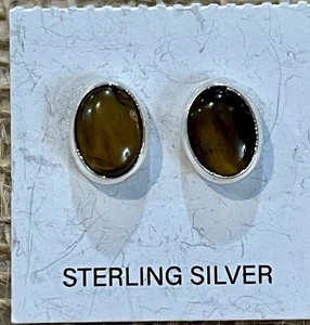 Orecchini a perno ovali OCCHIO DI TIGRE in argento sterling con pietre preziose - 8 mm minimalisti - Foto 1 di 8