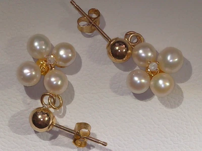 10K 黄金正品淡水珍珠带钻石口音吊坠耳环 — 第 1/4 张图片