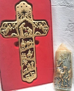 VTG Gold Nativity Wall Hanging Cross & VTG Nativity Christmas Candle NOS - Bild 1 von 7