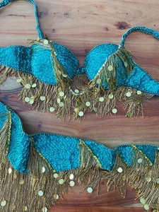 Costume danza del ventre vintage donna reggiseno e cintura grande L/XL blu righe oro festival - Foto 1 di 21