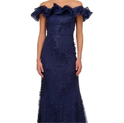Vestido sereia bordado Adrianna Papell azul marinho 3D floral fora do ombro tamanho 6 - Imagem 1 de 4