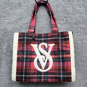 Victoria’s Secret Karo Fleecebesatz großes Logo Weihnachten Winter Beuteltasche Tasche Neu mit Etikett - Bild 1 von 15