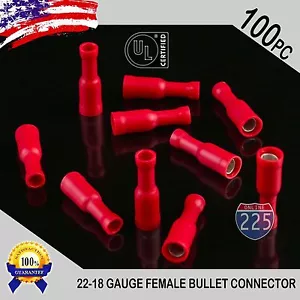 Paquete de 100 conectores de bala hembra roja calibre 22-18 vinilo totalmente aislado .156" UL - Imagen 1 de 1
