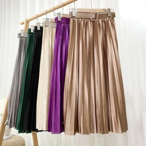 Lady Metallic Silky Satin Pleated Skirt Shiny Midi A-line Dress Big Swing Skirt - Picture 1 of 21