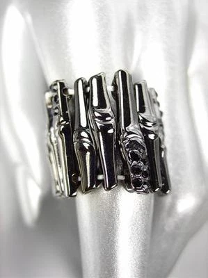 Anillo elástico MODERNO diseñador antiguo motivo bambú metal negro cristales de ónix Foto 1 de 3