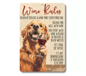 Golden Retriever Wine Rules Sign bar metal tin funny handmade dog decor wall art - Picture 1 of 6