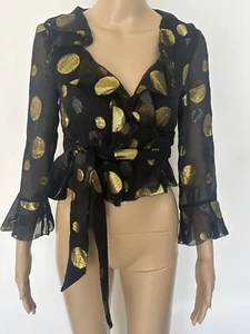 Hansen & Gretel Wrap Sheer Silk Blouse Black Gold Size Small - Picture 1 of 8