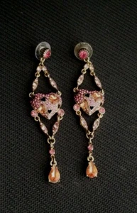 Princess Pink Heart Rhinestone Pierced Long Dangle Drop Earrings Gorgeous - Picture 1 of 7