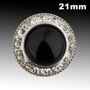 Vintage Silver Metal Button w/ Black Domed Cabochon & Rhinestones 21mm 40021018 - Picture 1 of 2