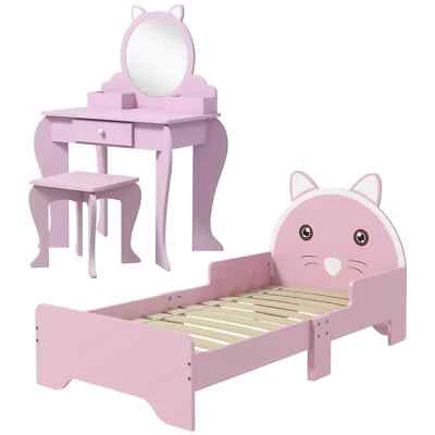 Kids Girls Bedroom Wooden Bed Stool And Dressing Table Furniture Set 3-6 Years - Image 1 of 4
