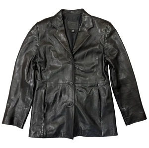 Vintage Coach Women's Medium Black Leather 3-Button Down Blazer Jacket Coat USA - Picture 1 of 24