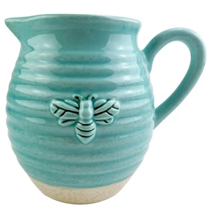 Busy Bee Bouquet Ceramic Pitcher Vase Ribbed Beehive Aqua Blue Teleflora 6" - Picture 1 of 12