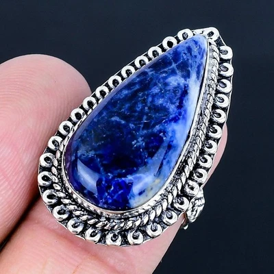 Anillo hecho a mano de sodalita enchapado en plata 925 talla 6,5 de EE. UU. Foto 1 de 3