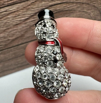 Swarovski Crystal Snowman Brooch Pin Clear Pave Crystals Red & Black Enamel - Image 1 of 4