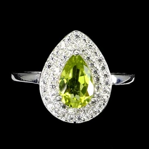 925 Sterling Silver Ring Pear Peridot 8x6mm Natural Gemstone Jewelry Size 7 - Picture 1 of 13