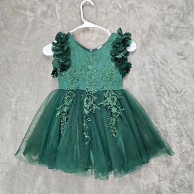 Niñas 6 7 Verde Esmeralda Encaje Tul Flor Vestido Fiesta Vacaciones Giro Bordado Foto 1 de 4