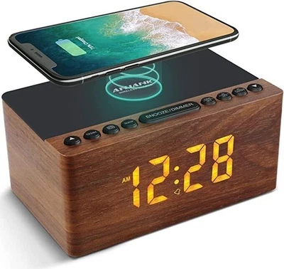 ANJANK FM Radio Alarm Clock Bedside Wooden with Wireless & USB Charging, speaker - Image 1 of 4